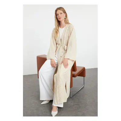 Trendyol Beige Linen Look Woven Cap & Abaya & Abaya with Embroidery Detail