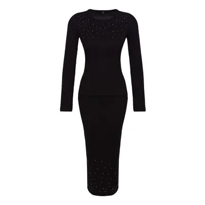 Trendyol Black Stone Detailed Slim/Fits the Body Midi Knitted Blouse/Skirt Top-Bottom Set