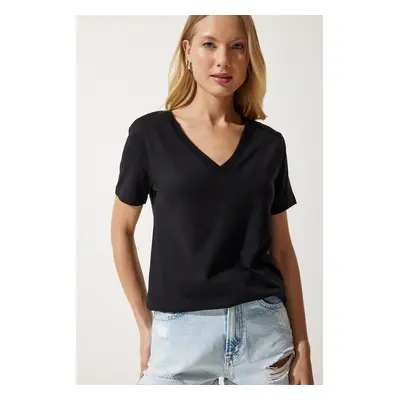 Happiness İstanbul Women's Black V-Neck Modal Knitted T-Shirt