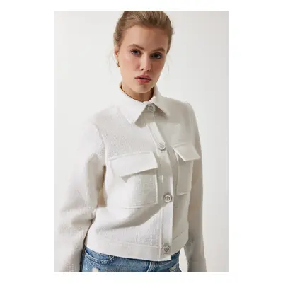 Happiness İstanbul Women's Off-White Stylish Buttoned Woven Tweed Jacket with Pockets