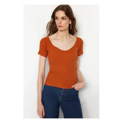 Trendyol Cinnamon Fitted Cotton Stretch Knitted Blouse