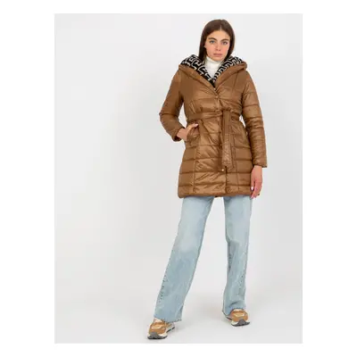 Transitional camel quilted jacket with belt