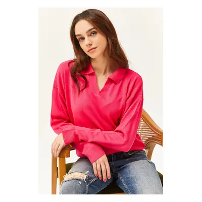 Olalook Women's Fuchsia Polo Neck Thin Knitwear Sweater