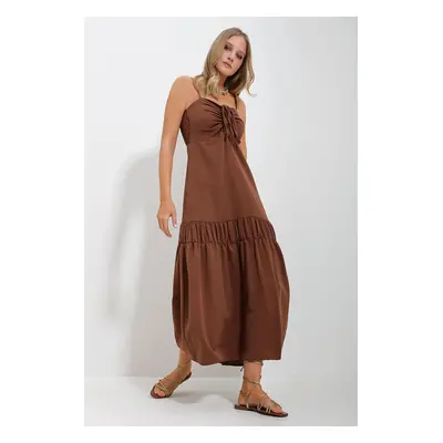 Trend Alaçatı Stili Women's Brown Adjustable Straps Front Gathered Back Zippered Gabardine Linen