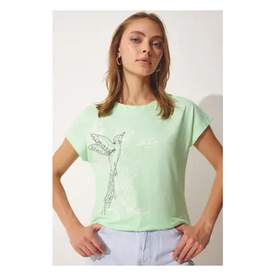 Happiness İstanbul Women's Light Green Printed Cotton T-Shirt