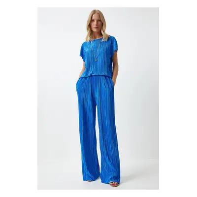 Happiness İstanbul Women's Blue Pleated Casual Blouse Trousers Set