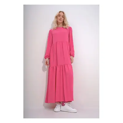 Trend Alaçatı Stili Women's Fuchsia Boat Neck Balloon Sleeve Layered Flounced Waist Belted Woven