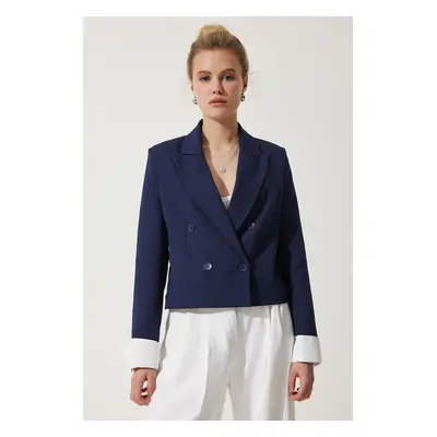 Happiness İstanbul Women's Navy Blue Contrast Cuffed Short Blazer Jacket