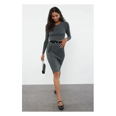 Trendyol Anthracite Midi Knit Basic Dress