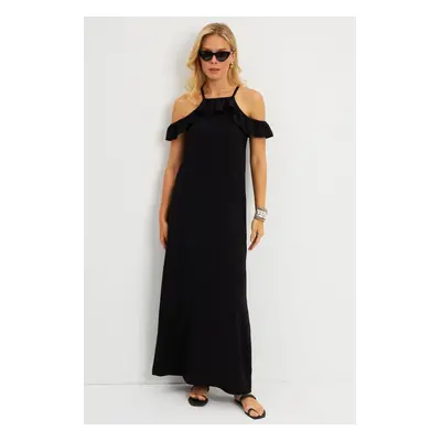 Cool & Sexy Women's Black Halter Neck Wrap Midi Dress