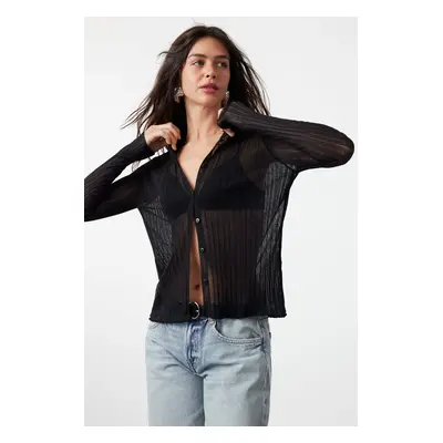 Trendyol Black Premium Yarn/Special Yarn Transparent Look Knitwear Cardigan