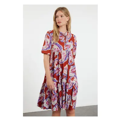 Trendyol Orange Floral Printed V Neck Skirt Ruffle Balloon Sleeve Knitted Flexible Midi Dress