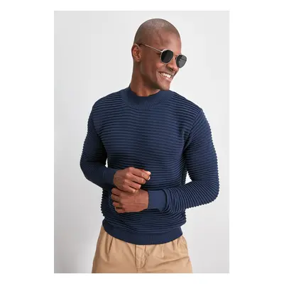 Trendyol Navy Blue Slim Half Turtleneck Textured Knitwear Sweater