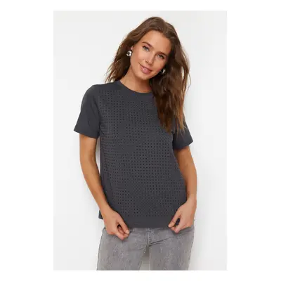 Trendyol Anthracite 100% Cotton Stone Detailed Regular/Normal Fit Crew Neck Knitted T-Shirt