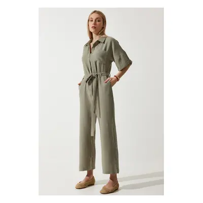 Happiness İstanbul Women's Khaki Premium Belted Muslin Jumpsuit