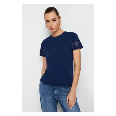 Trendyol Navy Blue Brode Detail Regular/Basic Fit Knitted T-Shirt