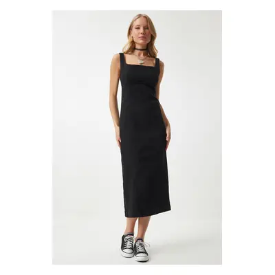 Happiness İstanbul Women's Vivid Black Zipper Strap Midi Denim Dress