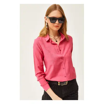 Olalook Women's Floral Fuchsia Jacquard Satin Detailed Woven Shirt