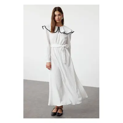 Trendyol Ecru Collar Piping Detailed Belted Woven Dress