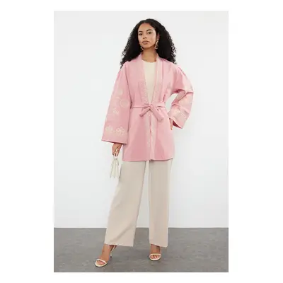 Trendyol Dusty Rose Woven Embroidered Cap & Abaya & Kimono