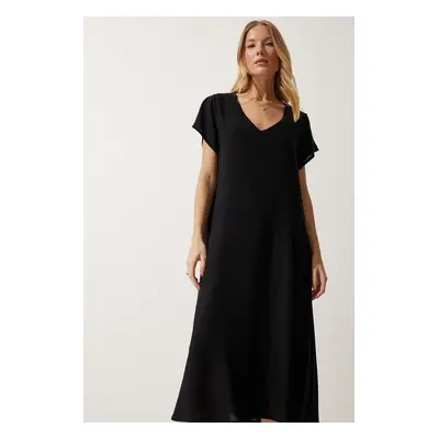 Happiness İstanbul Women's Black V-Neck Summer Flowing Viscose Dress