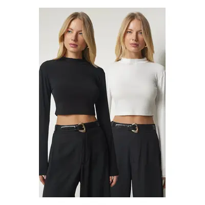 Happiness İstanbul Women's Black Ecru High Neck 2-Pack Sandy Crop Blouse