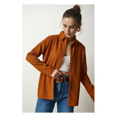 Happiness İstanbul Women's Tan Corduroy Velvet Woven Jacket Shirt