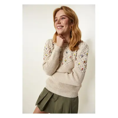 Happiness İstanbul Cream Floral Embroidered Textured Knitwear Sweater