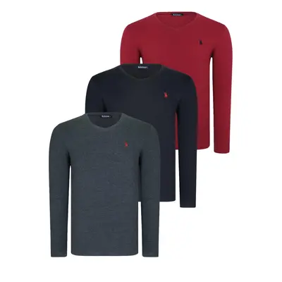 TRIPLE SET T8587 DEWBERRY V-NECK MEN'S SWEATSHIRT-BLACK-ANTHRACITE-BURGUNDY