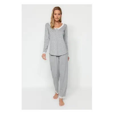 Trendyol Gray Polka Dot Lace Detailed Tshirt-Pants Knitted Pajama Set