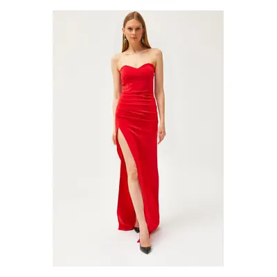 Olalook Women's Red Deep Slit Strapless Long Dress