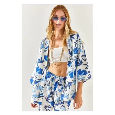 Olalook Women's Leaf Saxe-Blue Patterned Linen Kimono