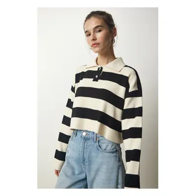 Happiness İstanbul Women's Cream Black Stylish Buttoned Collar Striped Crop Knitwear Sweater