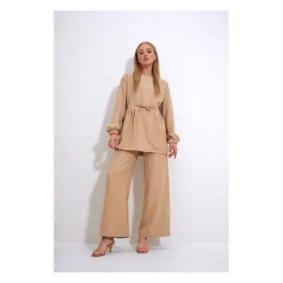 Trend Alaçatı Stili Women's Beige Crew Neck Self-Belt Palazzo Trousers Tunic Suit