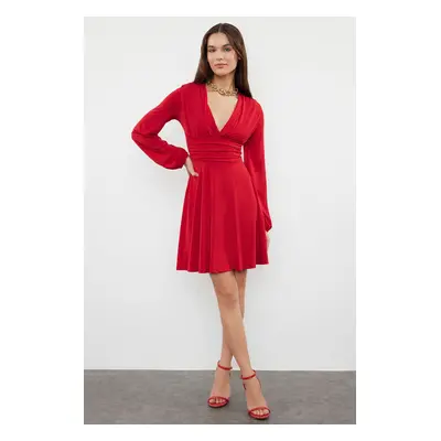 Trendyol Red Plain Skater V-Neck Skater/Sandy Midi Dress