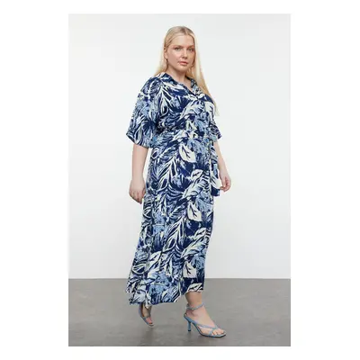 Trendyol Curve Blue Tropical Leaf Patterned Woven Slit Dress