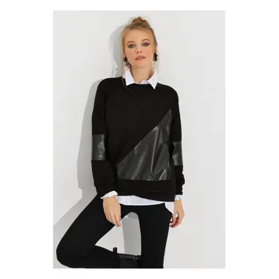 Cool & Sexy Women's Black Leather Block Sweathirt