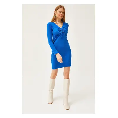 Olalook Women's Saxe Blue Robe Gathered Detailed Raised Mini Dress