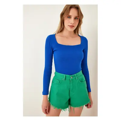 Happiness İstanbul Women's Vivid Blue Square Neck Ribbed Knitted Blouse