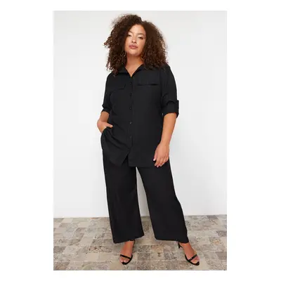 Trendyol Curve Black Textured Button-Woven Shirt-Pants Plus Size Bottom-Top Set