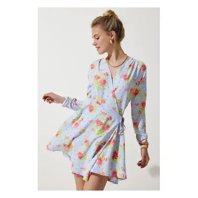 Happiness İstanbul Women's Sky Blue Floral Mini Wrap Chiffon Dress