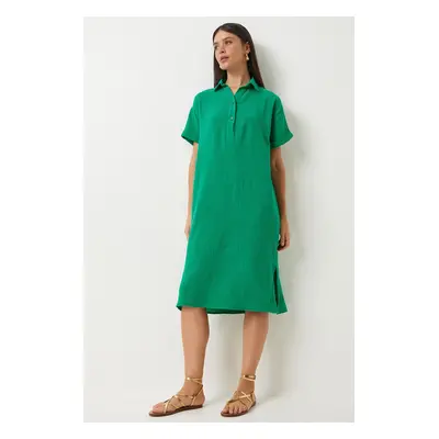 Happiness İstanbul Women's Green Polo Neck Summer Loose Muslin Dress