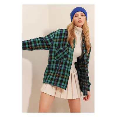 Trend Alaçatı Stili Women's Sax Green Plaid Single Pocket Oversized Stamped Shirt