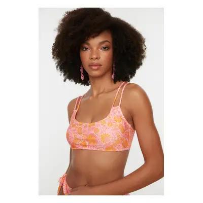 Trendyol Pink Floral Pattern U-Neck Bikini Top