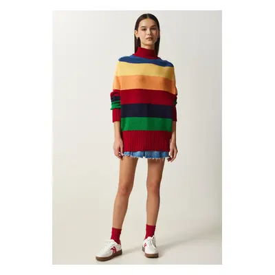 Happiness İstanbul Women's Red Block Color Striped Oversize Knitwear Sweater