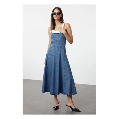 Trendyol Blue Strappy Maxi Denim Dress with Stitching Detail