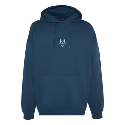 Trendyol Indigo Regular/Normal Cut Hooded Fleece/Warm Wolf Embroidered Sweatshirt