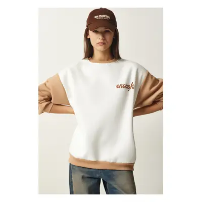 Happiness İstanbul Women's White Biscuit Block Color Raising Sweatshirt