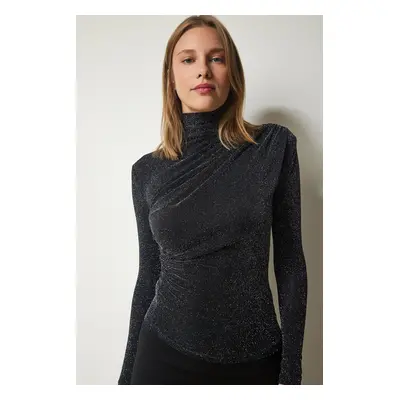 Happiness İstanbul Women's Black Gathered High Neck Sparkly Knitted Blouse