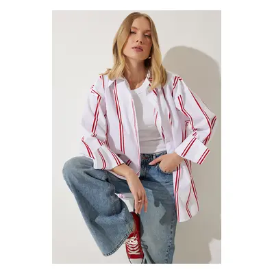 Happiness İstanbul Women's White Red Striped Oversize Poplin Shirt